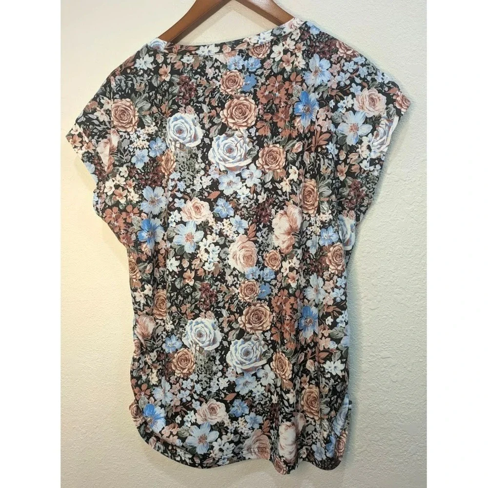 NEW Sampeel Women Floral Multicolor Top Size L Round Neck Rouching Cap Sleeve - Picture 5 of 5